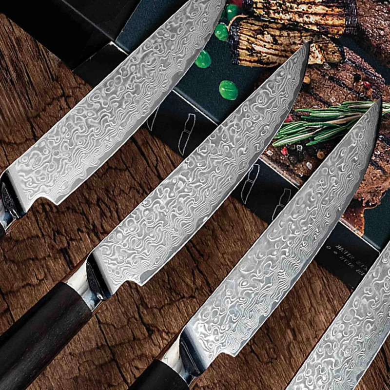 COFFRET DE 4  COUTEAUX STEAK EBENE - LAME DAMAS - CHROMA